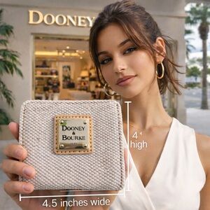 Dooney & Bourke Cream Woven Compact Zip Wallet with Logo Plaque